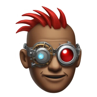 Brown cyborg head with red Mohawk, red beard. silver steampunk monocle goggles a smile and circuits sticker