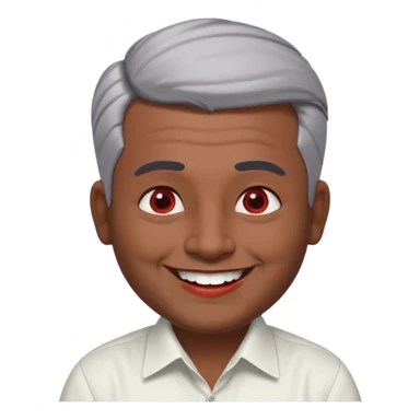 50 yr old indian man, dark skin, grey hair, big smile, white teeth, chubby, no moustache, clean shaven, young style hair, hair brushed back, 5 oclock shadow, bindy, dress shirt, forehead dot, chubby, religious, red dot, fancy hair, red dot sticker