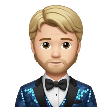 Chris Hemsworth with dark blonde hair, slate sequin suit with bow tie sticker