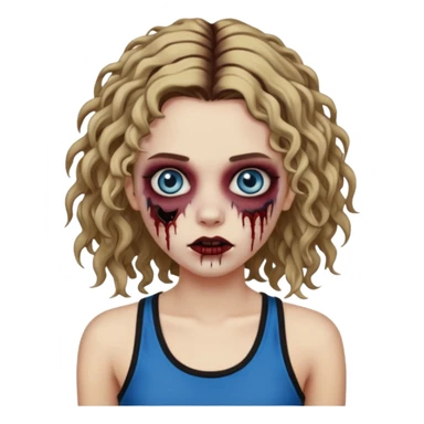 Crie um emoji de uma garota zumbi, como esta: "🧟‍♀️'. Porém invés da camiseta, uma regata fina e de cor preta, os cabelos loiros escuros na altura do ombro e picotado, liso na raiz e cacheado nas pontas, com mechas azuis nas mechas da frente e a parte de trás pintada de vermelho vinho sticker