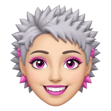 Close-up of Marian Pabón with defined facial structure, light skin with pink undertones, almond eyes with makeup, arched eyebrows, charismatic wide smile, and short spiky gray hair sticker