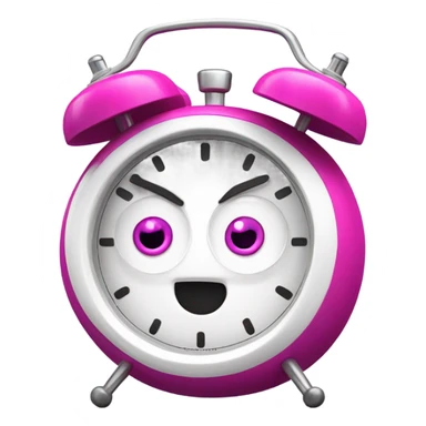 A fucsia alarm clock with eyes and a white dial for a face sticker