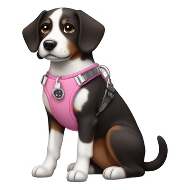 Black white brown dog with pink harness sticker
