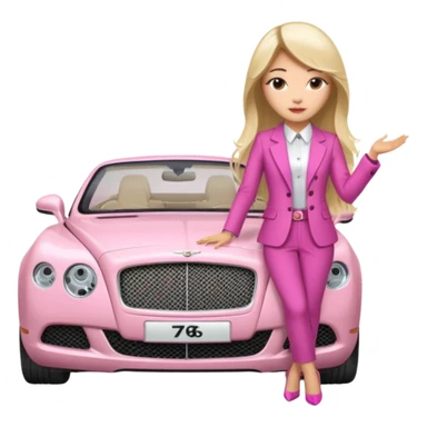 An Asian lady with long Balayage hair with blonde highlights, posing next to a pink Bentley  sticker