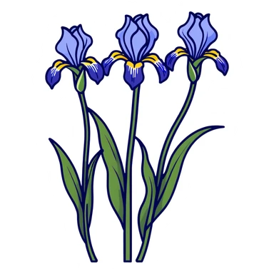 Elegant blue iris flower showing characteristic iris form with three drooping falls and three upright standards, with decorative long leaves sticker