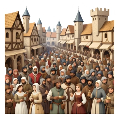 Medieval town crowd scene with many people together, mix of wealthy merchants and common townspeople gathered in a marketplace sticker