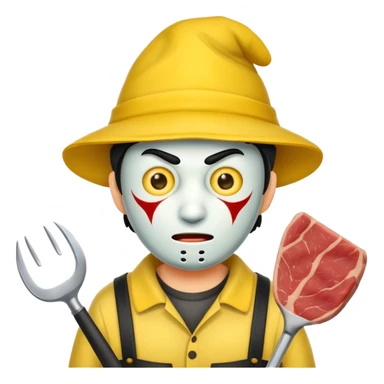 scary evil man look like from friday 13th with the yellow hat and meat khife sticker