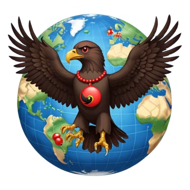 Fully black eagle with red mala bead necklace, the eagle's head facing the left with a single eye visible, wings spread full length, standing over an earth emoji with the African continent centered on the earth emoji. Replace the eye of the eagle with a Japanese Yen currency symbol. sticker