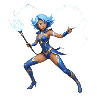 android woman in a dynamic attacking pose swinging a blue lightning whip, smooth clean simple style like Apple emoji sticker