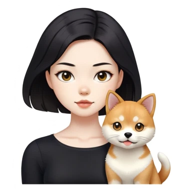 girl with black shoulder-length hair wearing a black tight-fitting top with a calico cat with white mouth and a shiba inu dog sticker