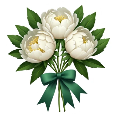 bouquet of white peonies with a dark green ribbon, minimalism, iOS emoji style, no faces or smileys sticker