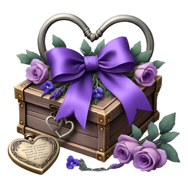 A midnight purple silk bow wraps around a bundle of wilted lavender sprigs, velvety pansies, and blush-violet roses, resting on an aged wooden table. Nearby, an antique silver locket shaped like a heart, engraved with tiny celestial stars, glistens faintly under the dim candlelight. sticker