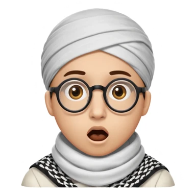 A person with light skin tone, wearing a traditional white keffiyeh with a black agal, large brown eyes, round glasses, and an open mouth showing a surprised or shocked expression. sticker