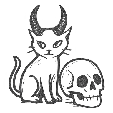 black cat with prominent demon horns perched beside a human skull, hand drawn style, sketchy lines, no fill sticker