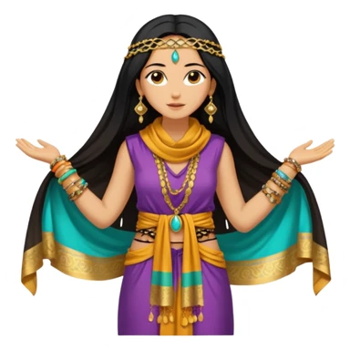 Mujer joven, morena, 
Negro, largo y brillante, suele ir cubierto parcialmente por un velo o pañuelo oriental.inspiración árabe: túnica colorida , con detalles dorados o lentejuelas; brazaletes y pendientes.cuerpo entero sticker