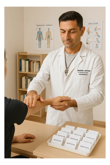a middle-aged man in a calm, well-lit studio, wearing casual professional attire, performs a classic muscle test on a client’s outstretched arm. On a nearby table, there are small envelopes or vials labeled “testimone” representing samples or objects connected to a distant person. The atmosphere is focused and serene, with books and charts about kinesiological techniques in the background. sticker
