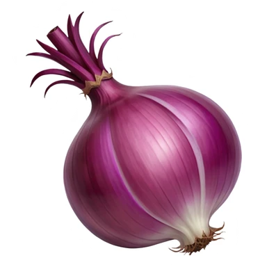whole unpeeled red onion, rounded slightly flattened, shiny papery purplish-red skin, visible striations, dried stem, few dry roots, 3D rendered, clean minimal soft shadows, realistic lighting, no anthropomorphic elements, emoji scale sticker