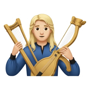 Man with long blonde hair carelessly  holding a lyre sticker