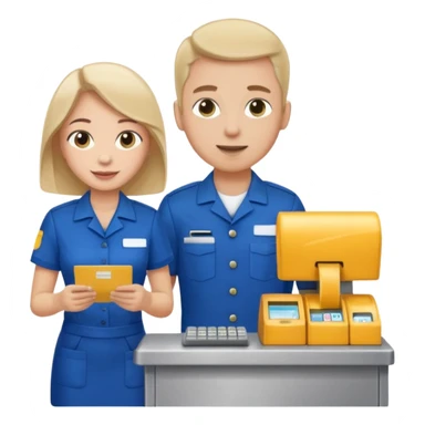 Supermarket employee at a cash register, full body, serving a man sticker