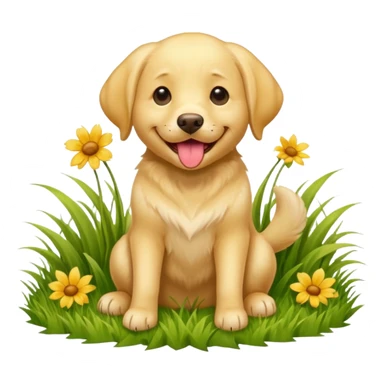 A yellow Labrador Retriever sitting on a grassy field, smiling with its tongue out under bright sunlight. Realistic lighting, outdoor park setting, friendly expression, high detail. sticker