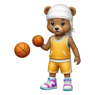 Full-body standing brown bear wearing a white durag on its head and cool colorful basketball sneakers on its feet, cute emoji style sticker