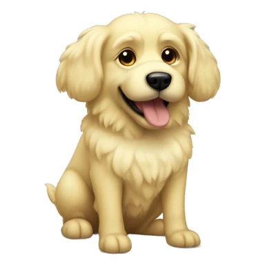 Fluffy light yellow dog with big dark black ears and nose sticker