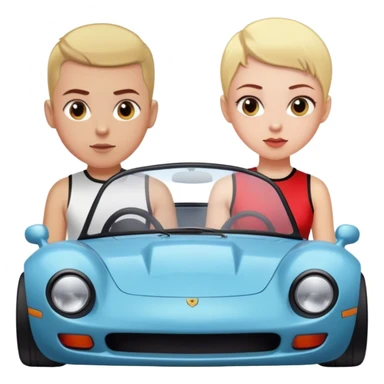 Blonde boy with a buzz cut and a girl with dark red hair in a sports car sticker