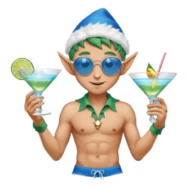 elf male in stylish blue swim trunks, palm extended over cocktail glass, conjuring swirling frost and mist to chill it, silver aviator sunglasses, pointy ears, confident smirk, minimalist beach bar backdrop, centered emoji, summer magic sticker