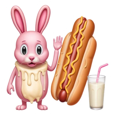 hot dog with exaggerated veins, dripping with mayonnaise and milk, next to a surprised humanoid bunny sticker