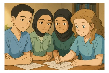 Illustration Ghibli of four nursing students working together, wearing short-sleeved outfits without stethoscopes, inspired by the four provided faces, warm and friendly atmosphere, version 1 sticker