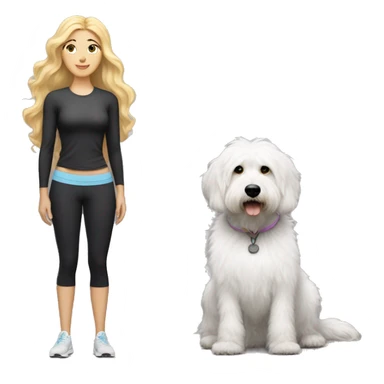 white woman with long blonde hair and cat shaped eyes wearing a yoga outfit standing alongside a black and white colored bernadoodle dog sticker