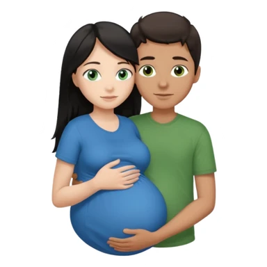 Make a couple emoji they are 18. The girl has long black hair and blue eyes and is hugging a pregnant boy with brown hair and green eyes they are both wearing the same colour top.  sticker