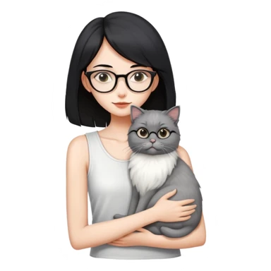 Skinny woman with oval glasses, shoulder length straight black hair, wearing white sleeveless top, hugging a grey Persian-Angora cat, plain background sticker