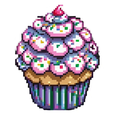 giant cupcake with pink icing and colorful sprinkles in pixel art style sticker