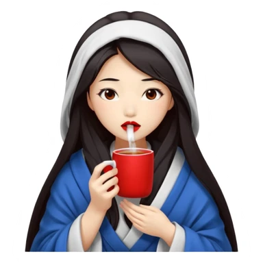sexy asian japanese girl, red lips, long dark hair, feeling ill, sickness, nose is red due to sickness, fully covered by blanket - even head, holding tea mug in hands sticker