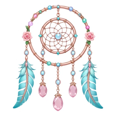 Rosy shiny glossy sparkly romantic pastel crescent damask moon with rose quartz pastel vines pastel gems pastel beads with feathers and chains  suncatcher-dreamcatcher sticker