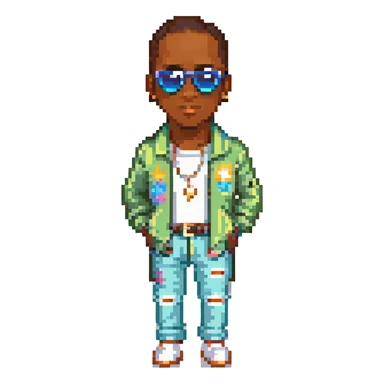 Diddy, the famous rapper and music producer, depicted in a fun and recognizable way, with sunglasses and stylish clothing, pixel art style sticker