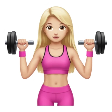 beautiful girl with brown hairs in sport wear in her hands is dumbbells her skin was light and hairs too and her sport wear was pink  her hair was long and blonde  sticker