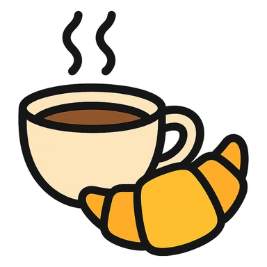 coffee and croissant, lineal color icon with black outlines sticker