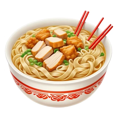 Xinjiang Big Plate Chicken Noodles with wide hand-pulled noodles and chicken chunks, simplified emoji style with bold outlines and bright colors, cartoon style Da Pan Ji with noodles sticker