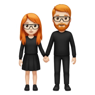 girl with long orange hair wearing no glasses and all black clothes and holding hands with boy with dark hair and beard and glasses and pale skin sticker