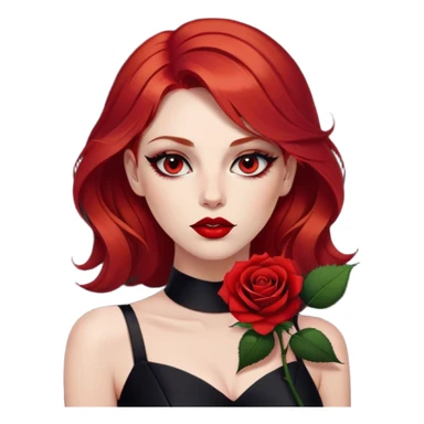 a beautiful angry woman with red hair and red eyes. The woman wear a black little cutted dress. She have red lipstick and she have a seductive look. She have a rose flower in her hair sticker