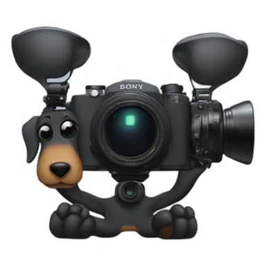 a black dachshund dog holds a camera SONY in its paws medium plan sticker