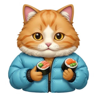 cat wearing a puffy jacket and eating sushi sticker
