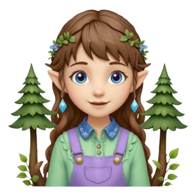 Kind happy whimsical quirky Girl toymaker, wood carving elf. Woodland nature creator. Blue eyes. brown hair (short just-below chin length) wavy hair & bangs. Whimsical playful cute. Overalls with nature embroidered cute shirt collar. Light green, light purple and light blue colour aesthetic  sticker