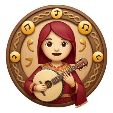 Create a warm and authentic emoji representing folk singing. The design should feature a traditional folk microphone at the center, surrounded by classic instruments such as a bayan (button accordion), gusli (a traditional Russian zither), and a tambourine. Arrange these instruments in a harmonious, circular pattern to evoke a sense of folk music and community performance. Use natural, earthy colors like wood brown, deep red, and golden accents to reflect the rustic and heartfelt spirit of folk music. Add subtle musical notes to the background to convey the rhythm and harmony of the performance. The background should be transparent. sticker