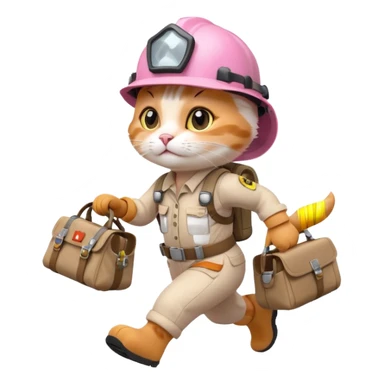 A cute white and pink cat dressed as engineer with a helmet running fast with smoke under her feets carrying her bag sticker