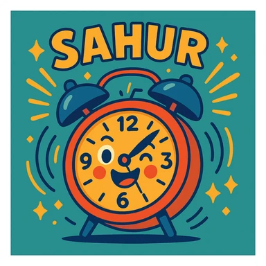 cheerful cartoon alarm clock ringing with the words 'Sahur' in a festive Ramadan style, vibrant colors, energetic motion lines, joyful mood sticker