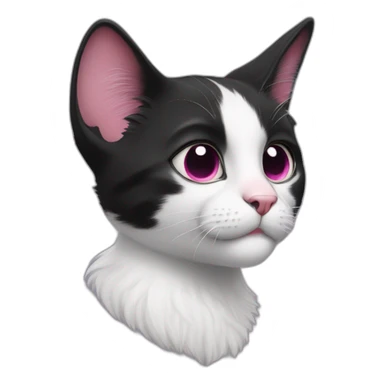 young black and white cat walking profile with round eyes, a pink nose, the white fur on his face only goes under the eyes to the bottom of his face, whispy tips on ears sticker