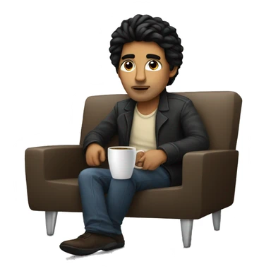 programmer with black hair programming in his mac, having coffee as well, sitting on the couch like a boss sticker